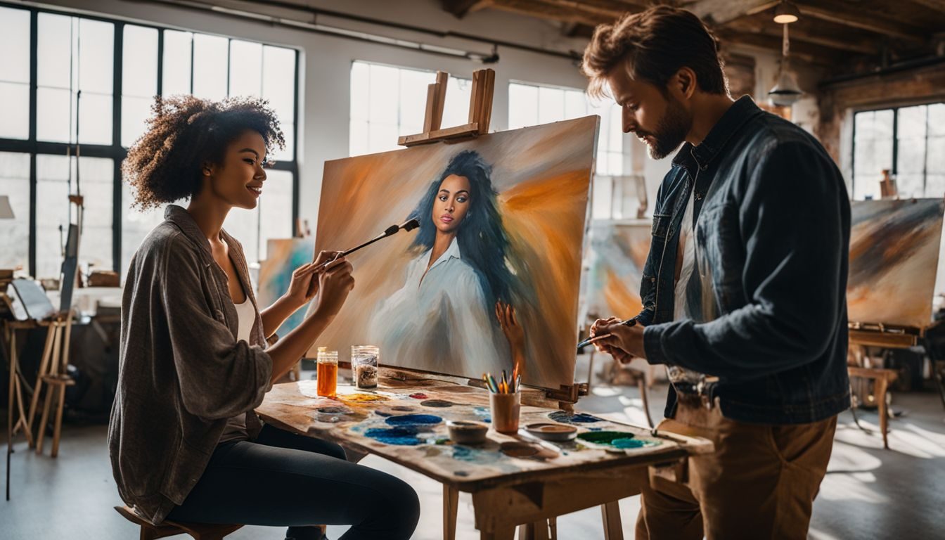 A woman and a man painting together in an art class studio. attending-a-free-city-sponsored-class-215473195-8471476
