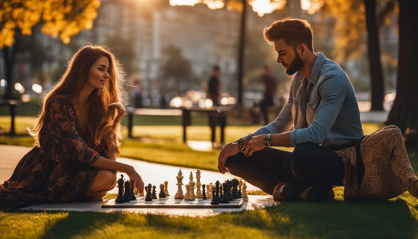 Two people playing chess in a park at sunset. budget-friendly-outdoor-date-ideas-215473461-9690348