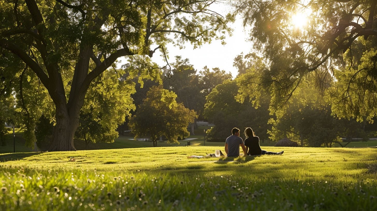 A couple enjoying a picnic in a scenic park. cheap-first-date-ideas-2154731435-5776830