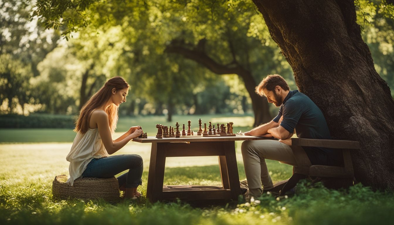 A man and woman playing chess in a park surrounded by nature. chess-in-the-park-215473299-7753969