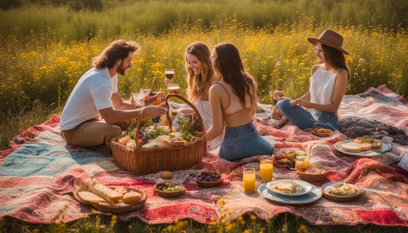A picnic spread on a colorful blanket amidst wildflowers in nature. conclusion-215473420-9849591