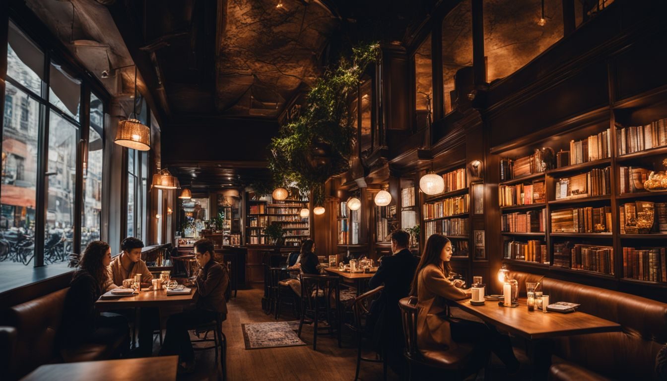 A cozy cafe with a table for two surrounded by books. economical-indoor-date-ideas-215473103-3494537