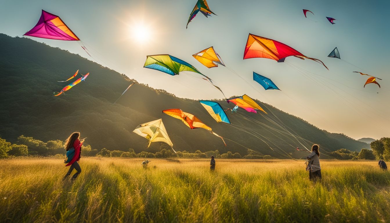 Colorful kites flying high in a sunny field with diverse people. frisbee-or-kite-flying-215473797-9426342