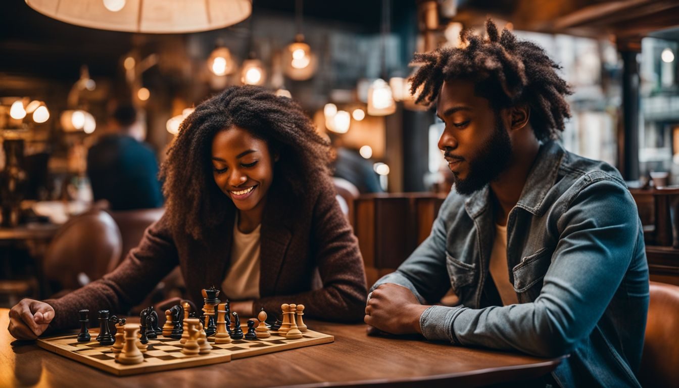 A man and a woman playing chess in a cozy coffeehouse. games-or-puzzles-at-a-local-coffeehouse-215473259-4970696