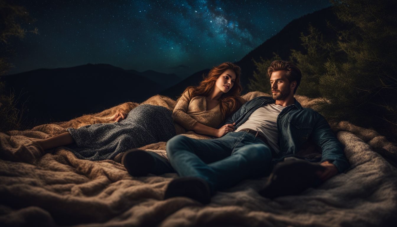 A couple lying on a blanket under a starry night sky in the wilderness. stargazing-215473943-9553908