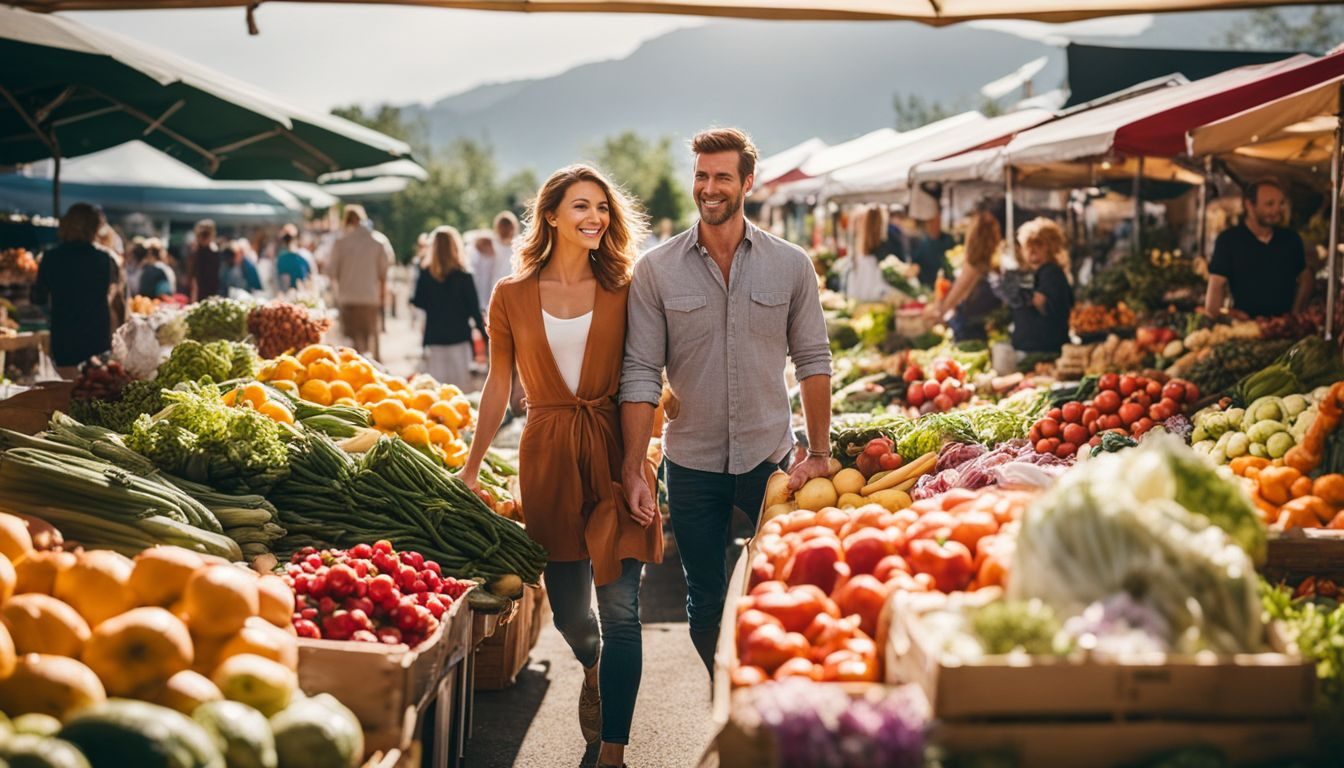 A couple strolling through a lively farmer's market with fresh produce. tips-for-planning-affordable-first-dates-215473317-8665214