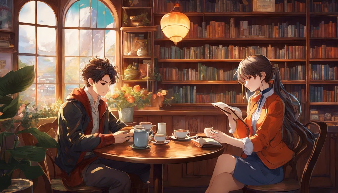 A couple enjoys coffee in a cozy coffee shop filled with books and board games. coffee-shop-143087831-9963324